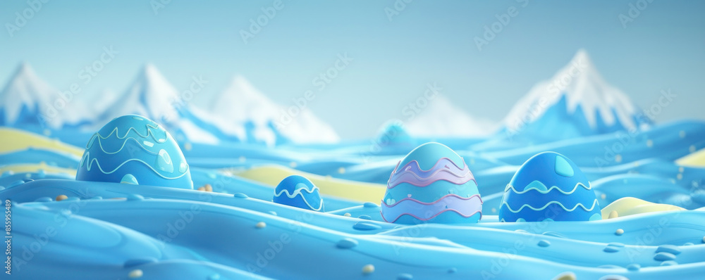 Poster a blue ocean with three eggs floating on it. the mountains in the background are white