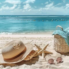 beach with equipment hat and sunglasses