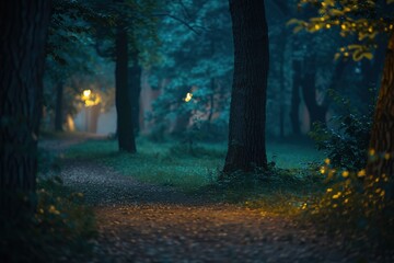 Obraz premium Mystical forest path lit by lanterns at dusk, serene and quiet
