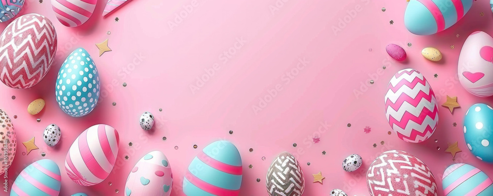 Aufkleber a pink background with a bunch of colorful eggs on it. the eggs are in different colors and sizes, a
