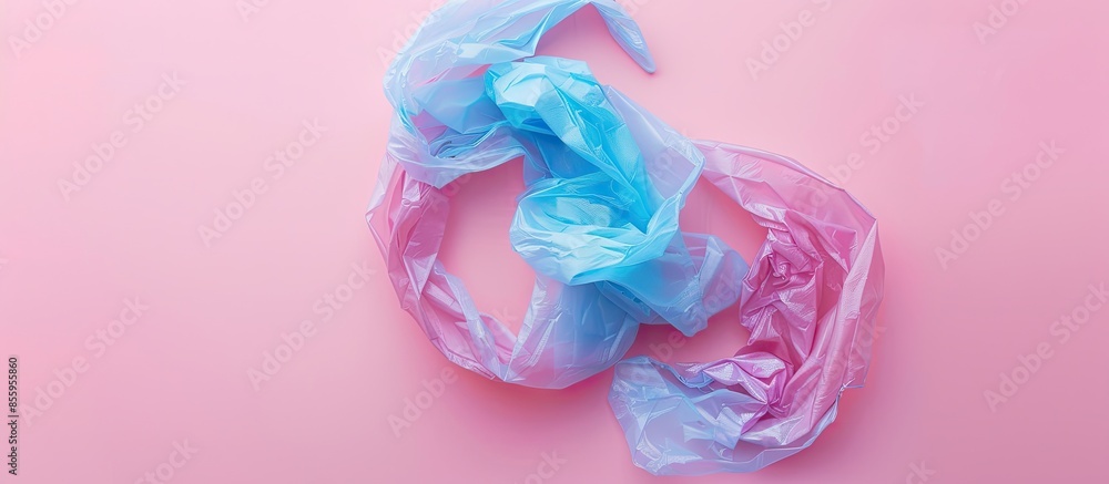 Poster crumpled plastic bag isolated on pastel background, top view. copy space image. place for adding tex