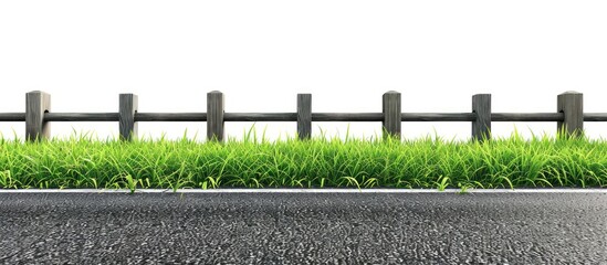 Asphalt road with railings and green grasspjNjisolated on white background with clipping path. Side angle view. Copy space image. Place for adding text and design