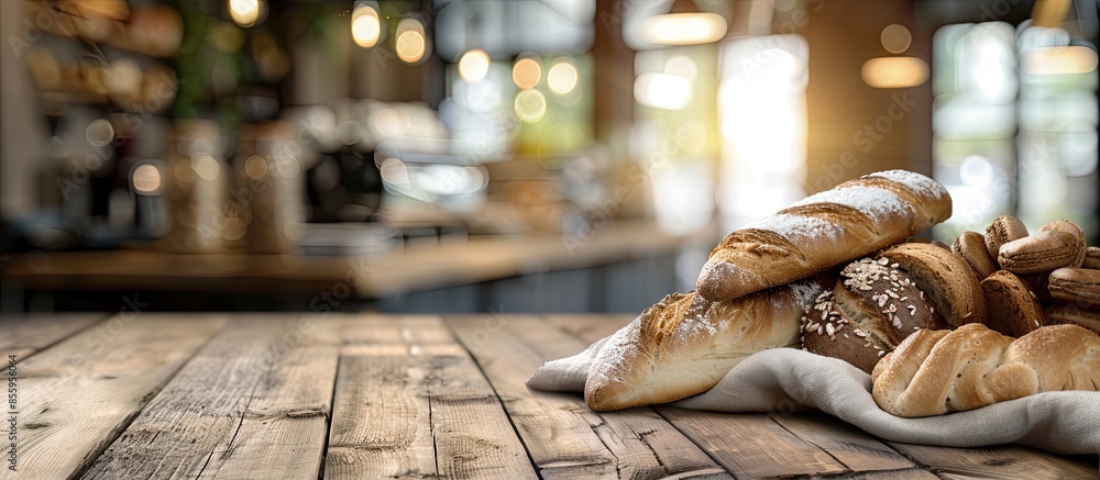 Poster wooden table and table cloth with bakery shop or coffee cafe blurred background. copy space image. p