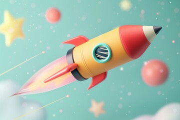 Inspiring creative spaceship take off on pencil cloud kid galaxy space startup online learning education idea science technology and test tube light bulb object world geography toys. 3D illustration.