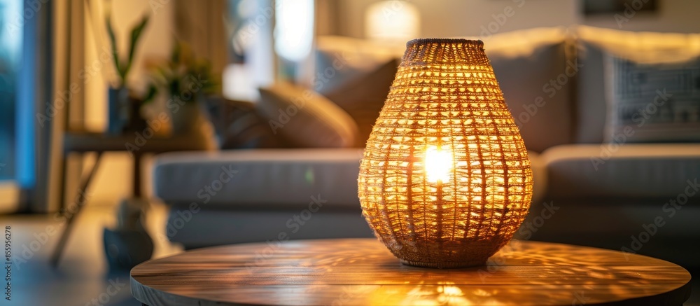 Poster a beautiful woven woolen lamp on the table. copy space image. place for adding text and design
