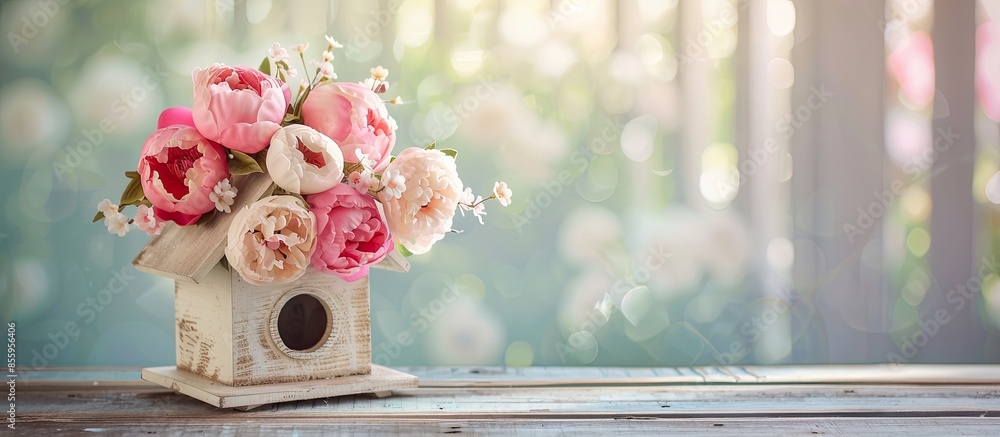 Poster home decor concept card template, front view of a bird house with peonies bouquet inside of it . cop