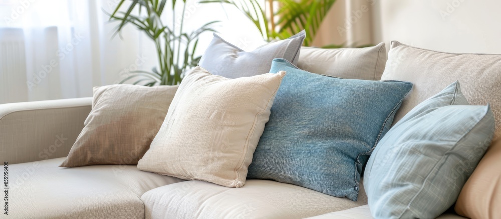 Poster pillow on sofa in living room. copy space image. place for adding text and design