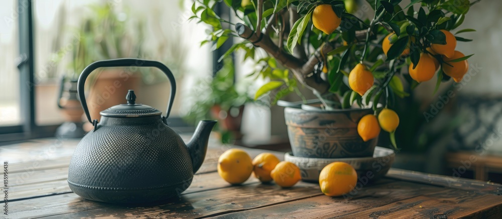Poster vintage metal teapot on the kitchen table next to a potted lemon tree. copy space image. place for a