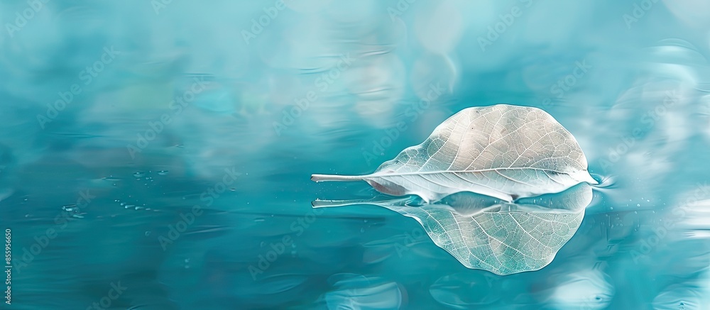 Aufkleber white transparent leaf on mirror surface with reflection on turquoise background macro. artistic ima