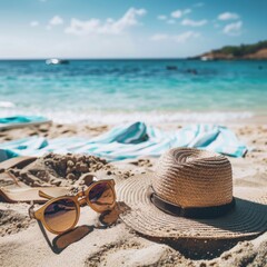 beach with equipment hat and sunglasses