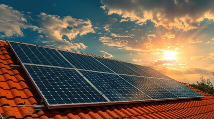 Solar Panels on Rooftop with Bright Sunny Sky