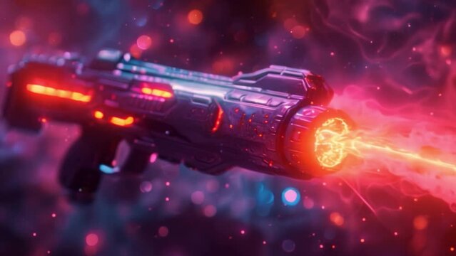 This close-up image of a futuristic laser gun firing a bright red beam in a red and pink space setting.