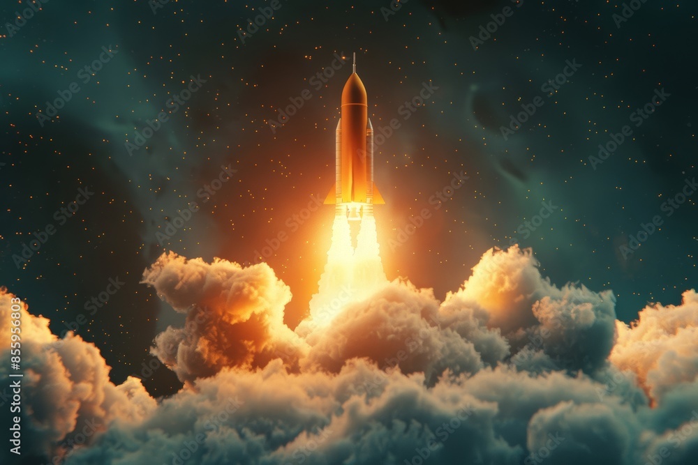 Poster launching a fresh project start-up concept can be challenging. a rocket flying toward the clouds mak
