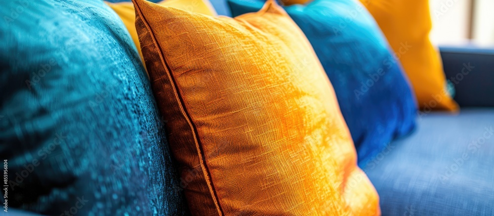 Poster close up detail shot of decorative throw pillows. copy space image. place for adding text and design