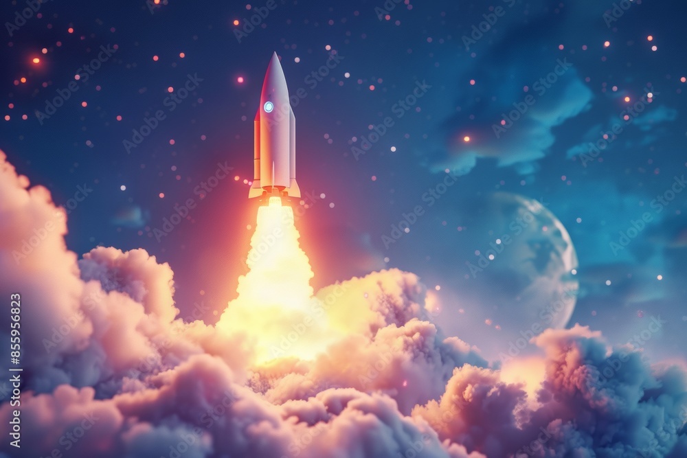Poster rocket flying toward the clouds. launching a fresh project start up concept is a challenge.