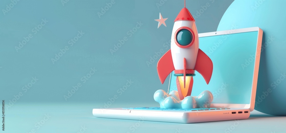 Poster the launch of a rocket on a laptop, flying rocket icon, and the startup concept for a business proje