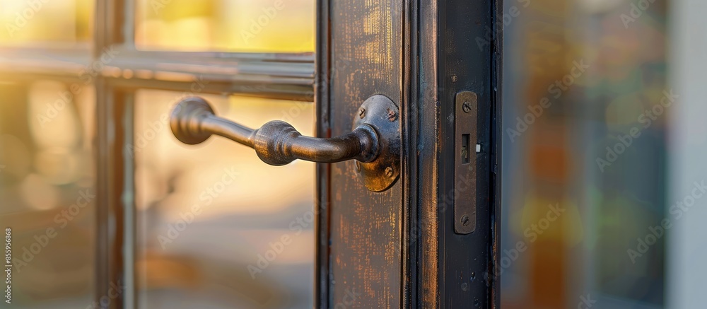 Poster iron door handle. transparent glass door. close up image. . copy space image. place for adding text 