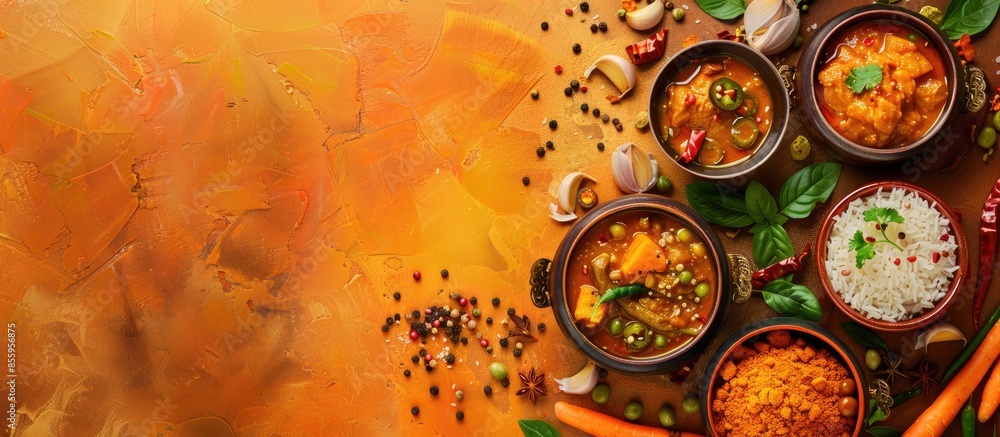 Poster rice box mixed curry paste pastel background food isolated. copy space image. place for adding text 