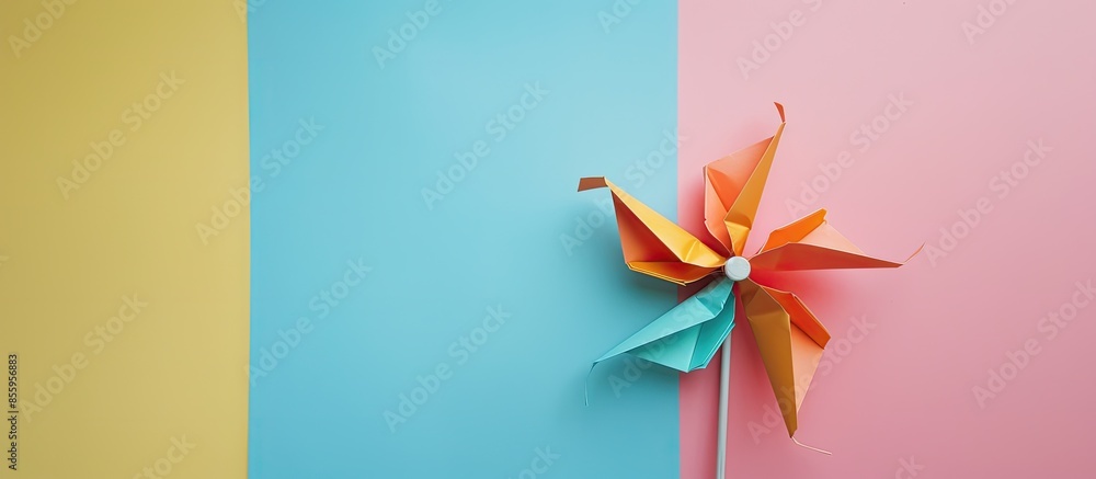 Poster toy pinwheel on pastel background paper pinwheel toy. copy space image. place for adding text and de