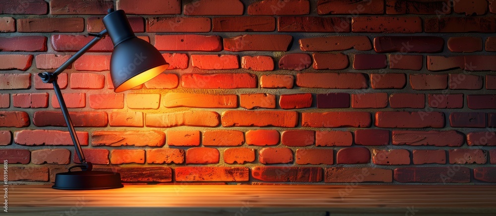 Poster black modern desk lamp on red bricks wall background. copy space image. place for adding text and de