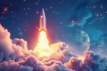 Obraz premium Rocket flying toward the clouds. Launching a fresh project start up concept is a challenge.