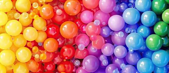 Bright abstract background of jumble of rainbow colored balloons celebrating gay pride. Copy space image. Place for adding text or design