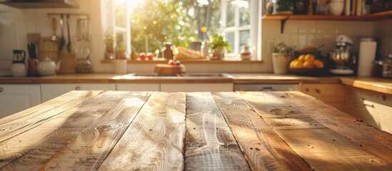 Wooden table in a sunny kitchen in the morning light during breakfast. Copy space image. Place for adding text and design