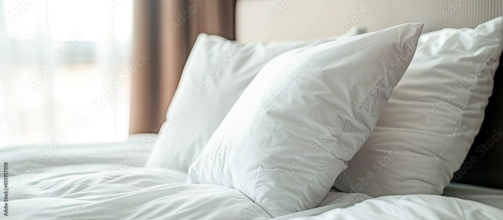 Poster white pillows on the bed. copy space image. place for adding text and design
