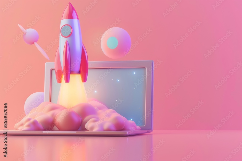 Poster digital illustration of a rocket bursting from a laptop screen. gradient minimalist style.