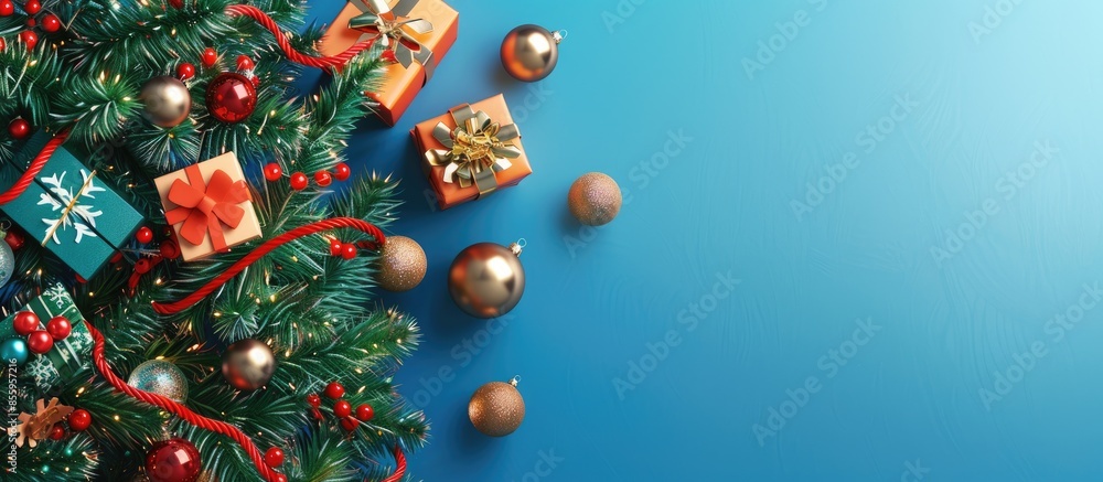 Poster christmas tree with christmas gifts and toys. copy space image. place for adding text and design