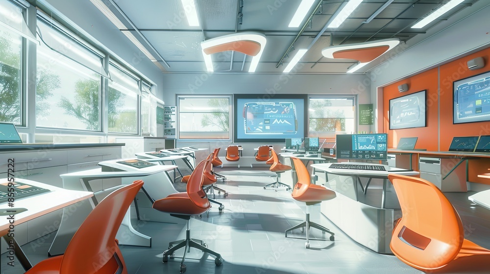 Poster a modern, inviting classroom equipped with interactive panels and ai assistants, enhancing the learn