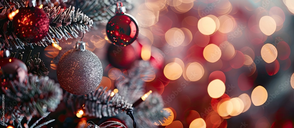 Aufkleber red and silver decorations toys on a christmas tree on blurred bokeh background of christmas lights 