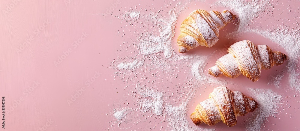 Poster croissants in powdered sugar pastel background food. copy space image. place for adding text and des