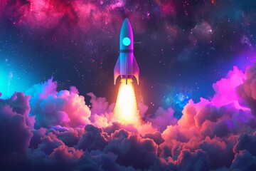 Fototapeta premium Launching rocket, startup concept, neon light background. Stock illustration.