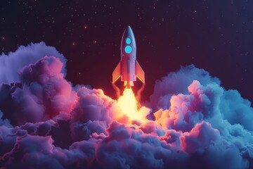 Rocket taking off, startup concept, neon lights background. Stock image.