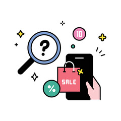 Online e commerce and shopping service, search, payment, delivery, shopping bag on smartphone outline style vector illustration.
