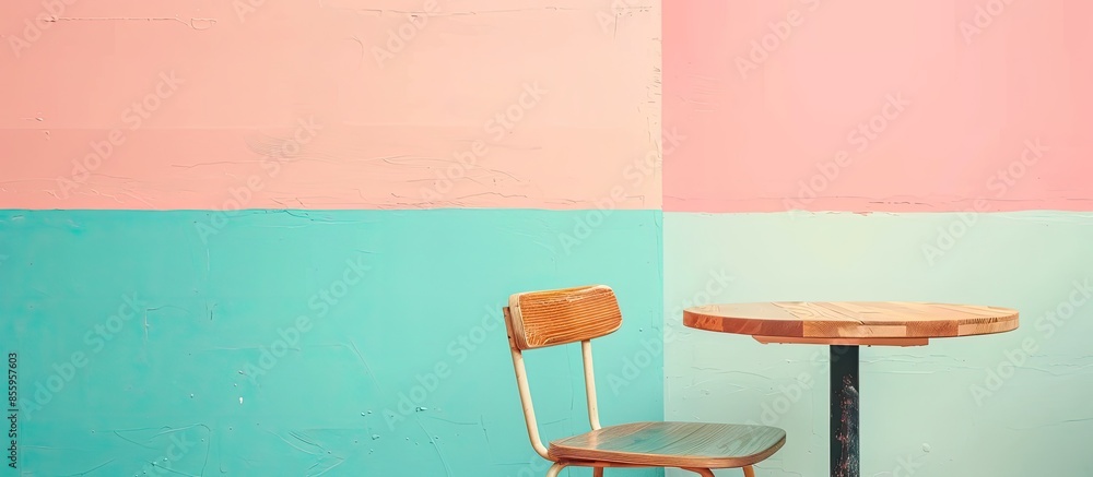 Poster circle wood table and chair for texture pastel background. copy space image. place for adding text a
