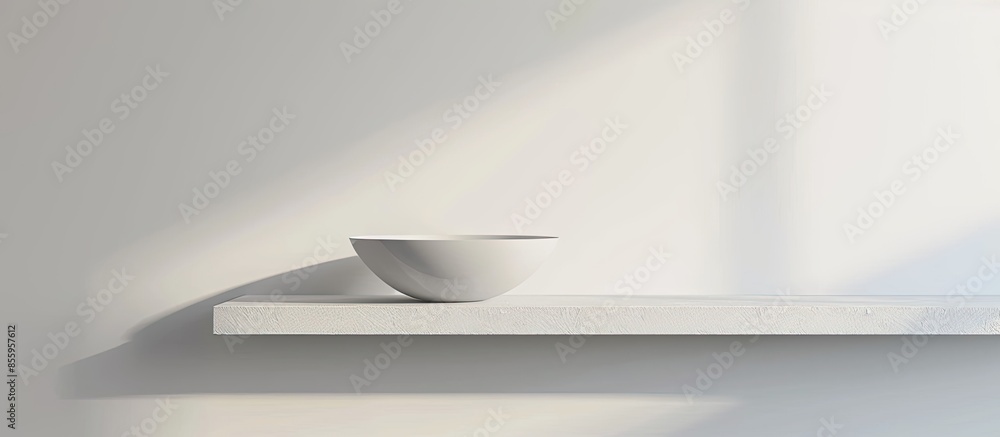 Poster ceramic bowl placed on simple shelf against white wall in bathroom with mirror. copy space image. pl