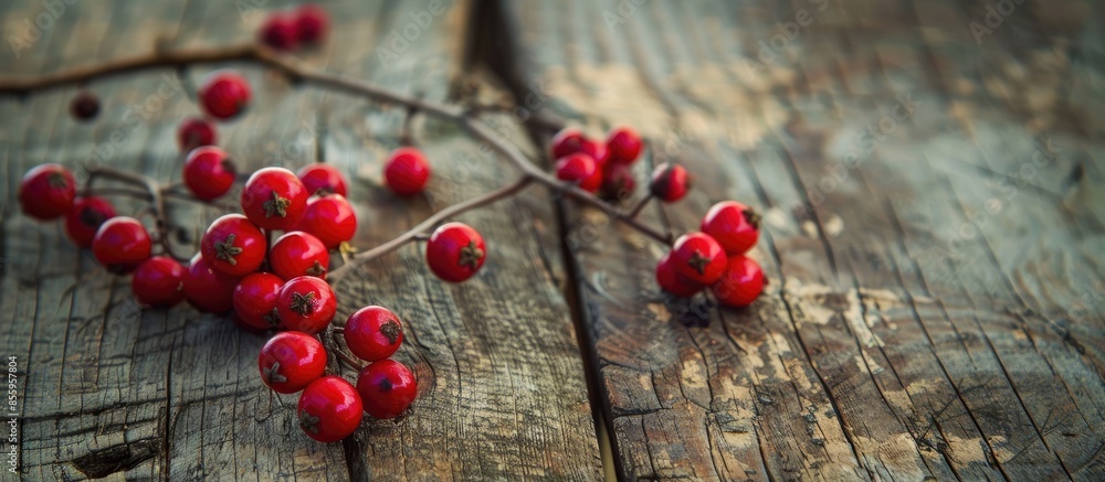 Aufkleber red berry berry on christmas wooden rustic table. copy space image. place for adding text and design