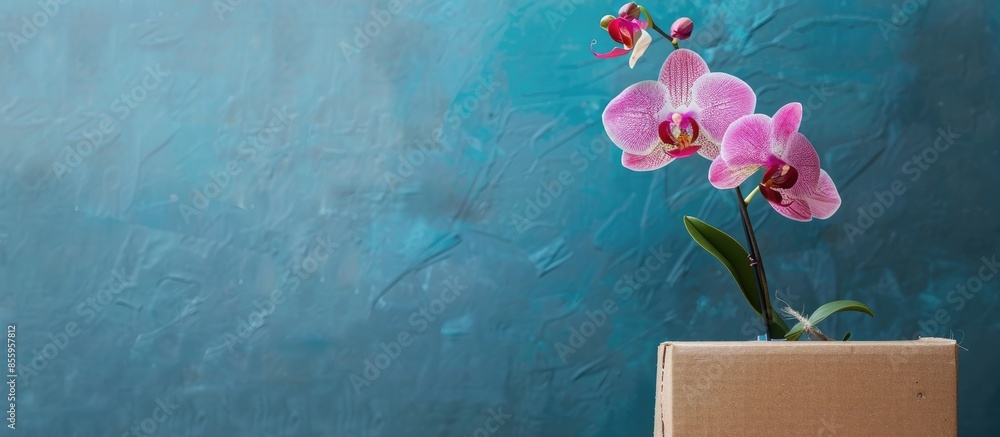 Poster orchid flower stands on a cardboard box. copy space image. place for adding text and design