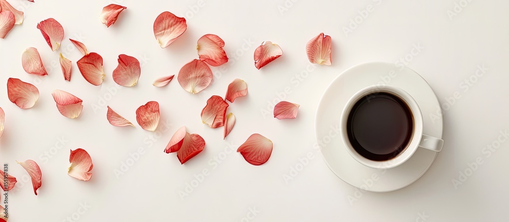 Poster coffee cup and flower petals. minimal concept. flat lay. copy space image. place for adding text and
