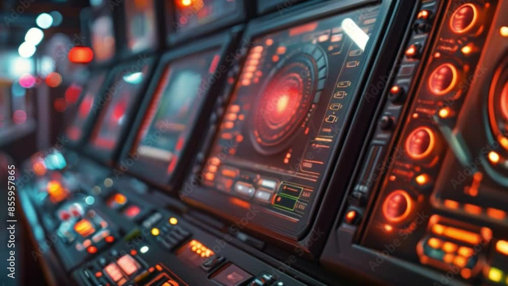 Poster this close-up of a futuristic control panel with glowing buttons and screens. laser tag