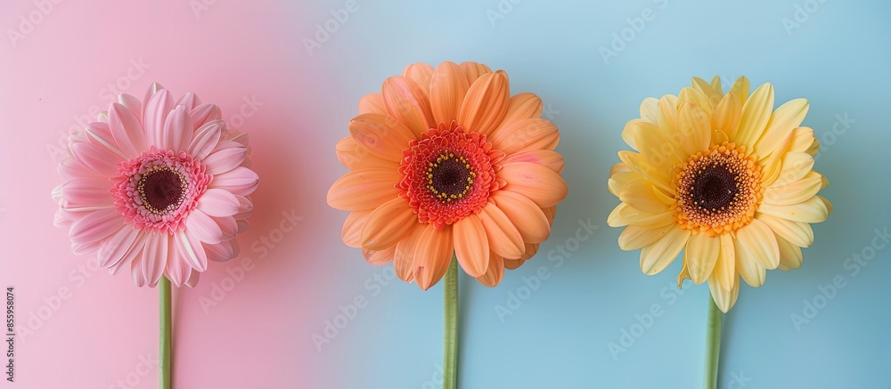 Poster three big gerber isolated over pastel background flower. copy space image. place for adding text and