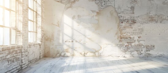 Being renovated house of residential apartment building interior in progress with windows and white brick concrete wall. Copy space image. Place for adding text and design
