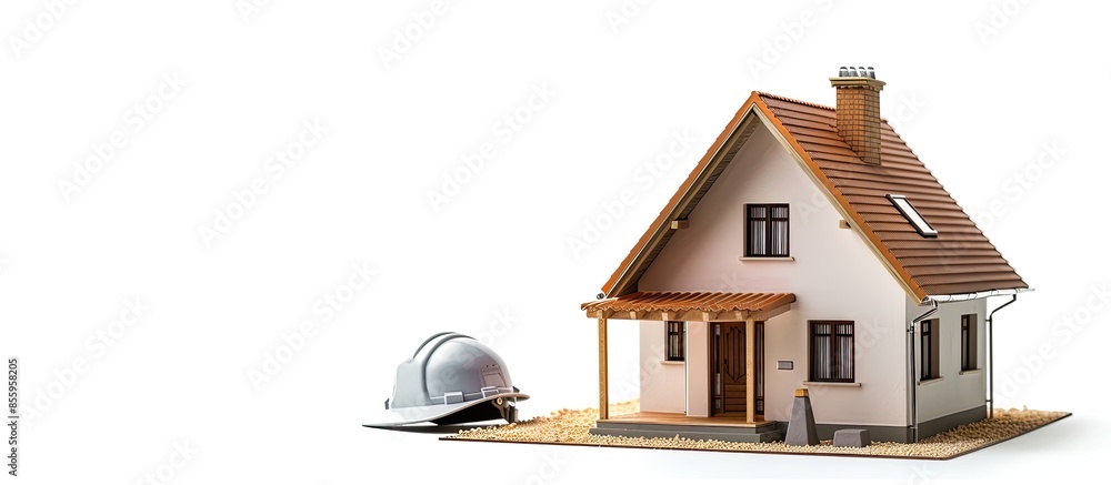 Poster house plan and helmet isolated on white background. copy space image. place for adding text and desi