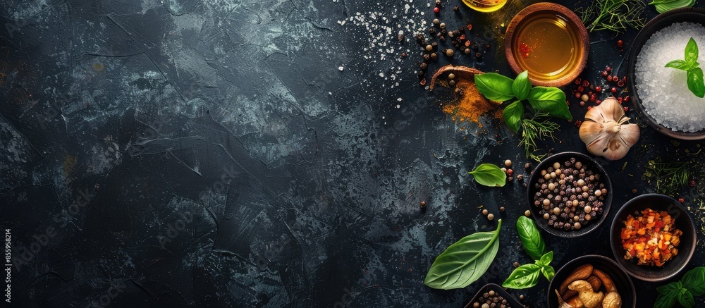 Poster cooking ingredients dark background with a space for a text, view from above. copy space image. plac