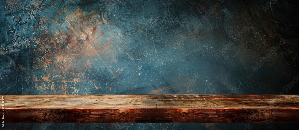 Poster wooden table over wall grunge background. copy space image. place for adding text and design