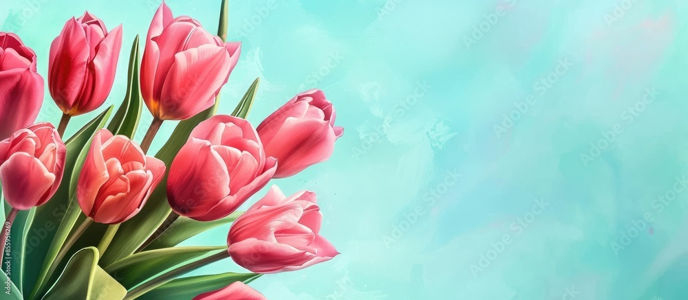 Poster bouquet of tulips. pink tulips in vase. copy space image. place for adding text and design