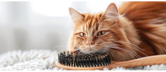 pet hair brush with pet fur clump after grooming cat. Copy space image. Place for adding text or design