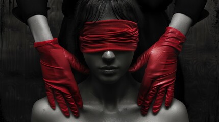 Woman with a red blindfold over their eyes, set against a dark background